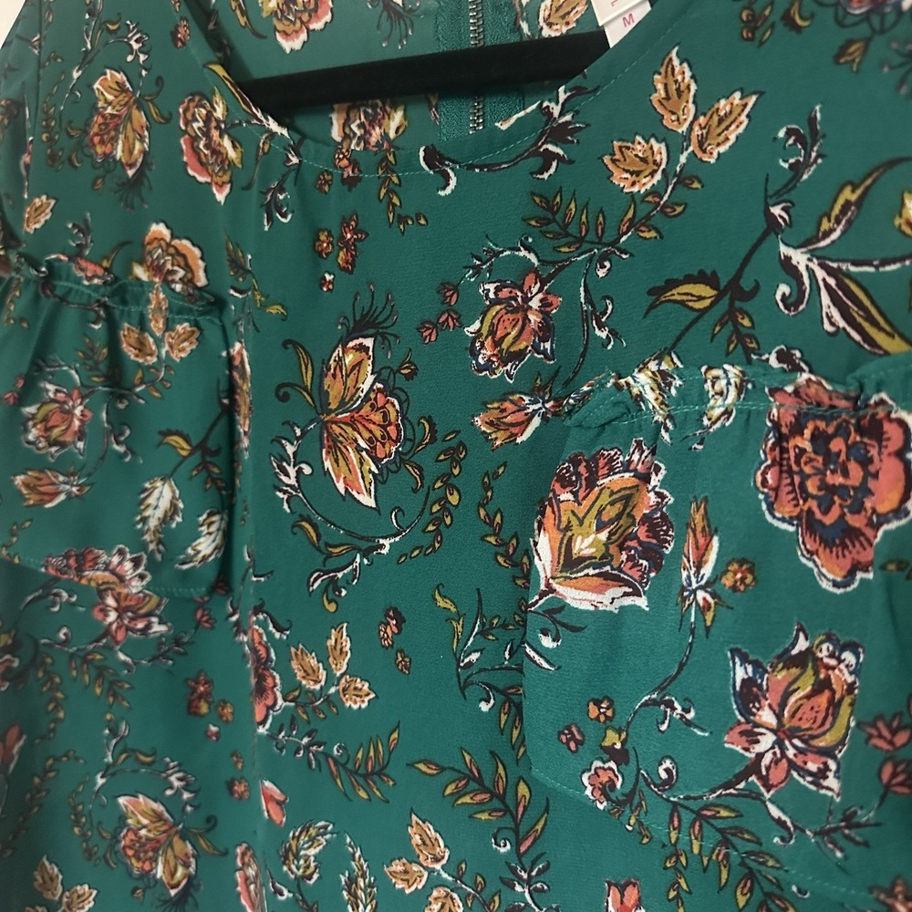 Xhilaration Green Floral Boho Blouse XXL Ruffle Short Sleeve Top M Botcanical - Picture 3 of 5